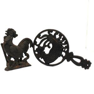 VINTAGE CAST IRON ROOSTER TRIVET R.H. BIRD & Rooster Cast Iron Napkin Holder